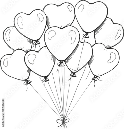 Charming hand drawn sketch depicting a beautiful bunch of heart shaped balloons floating gently upwards tied together by thin strings and a neat small bow.
