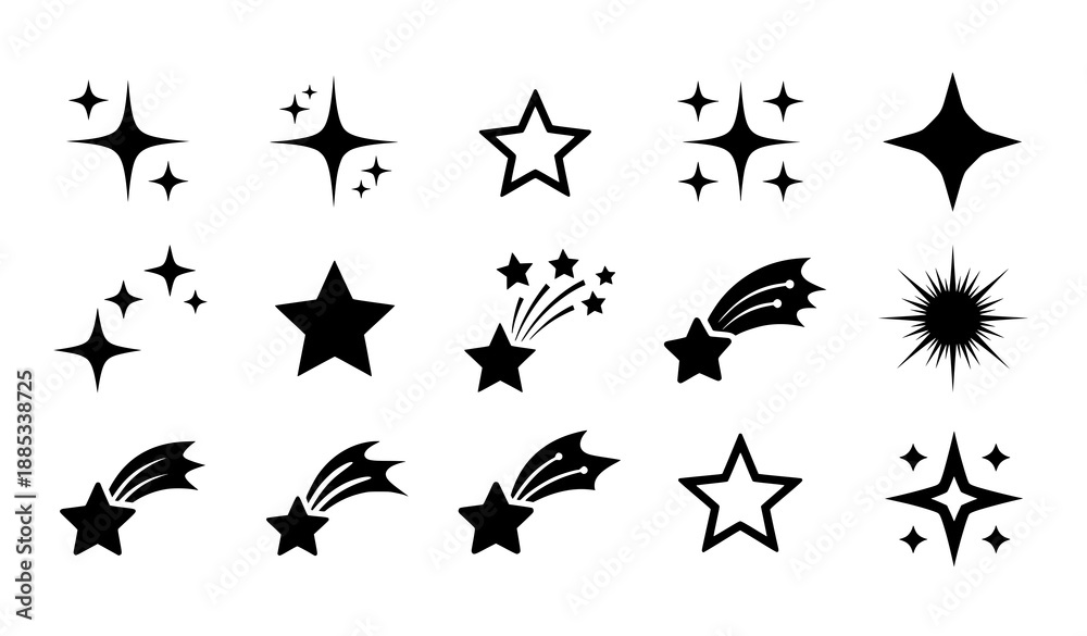 Fototapeta premium Minimalist black sparkle and shooting star icon set with decorative flat star symbols