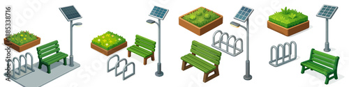 Green public park elements featuring benches, plants, and solar lights