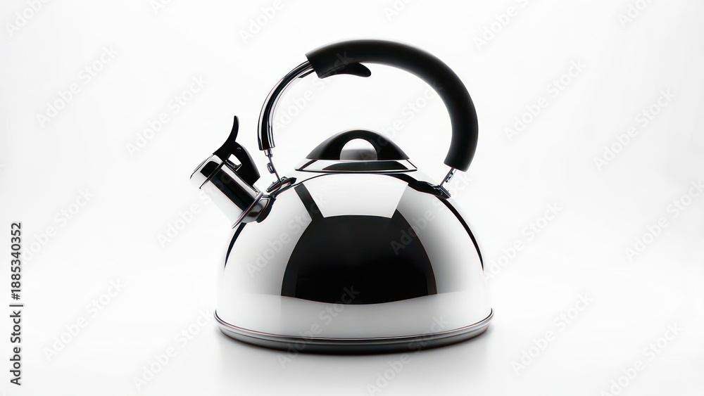 Fototapeta premium Shiny stainless steel stovetop tea kettle isolated on a white background.