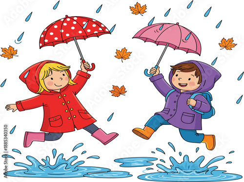 Cute cartoon children jumping in rain puddles with umbrellas, colorful vector illustration for rainy season fun, autumn weather, outdoor play, and joyful childhood activity concept