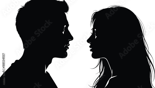 Silhouette of man and woman facing each other in profile, romantic couple portrait expressing connection, intimacy, and emotional relationship
