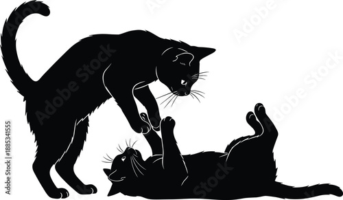 Two black cats silhouette playing and fighting together on white background, playful kitten interaction, animal behavior concept illustration