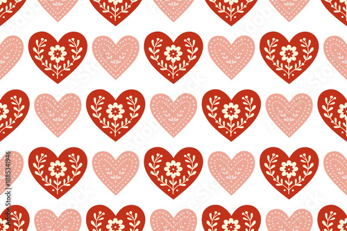 Seamless pattern with alternating red and pink hearts featuring folk art floral designs and dotted textures on white background, perfect for Valentines Day decor.