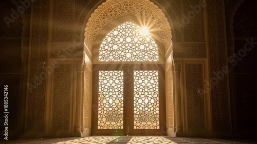 An intricately designed arched doorway with ornate latticework and sunlight streaming through, capturing the essence of architectural beauty and cultural heritage in a still image