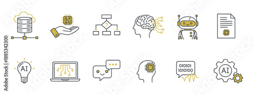 AI power with hands holding tech chipset in vibrant colors,Ai powered icon set flat style collection on transparent background