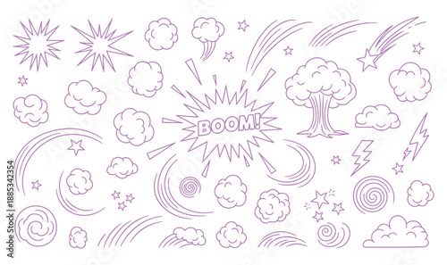 Comic cartoon line explosive effect, speed burst motion element set. Comic boom burst, explosive smoke isolated on transparent background