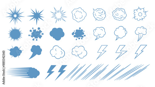 Comic cartoon line explosive effect, speed burst motion element set. Comic boom burst, explosive smoke isolated on transparent background