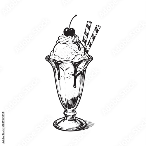 Vintage Ice Cream Sundae with Cherry and Striped Straws – Line Art Dessert Illustration
