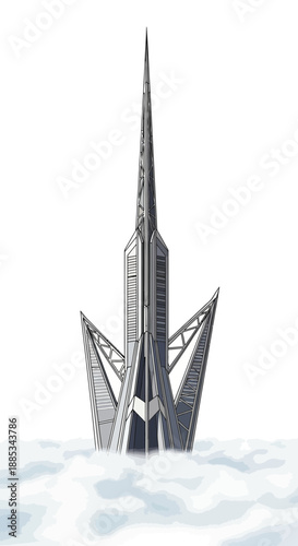 Futuristic skyscraper piercing through clouds with sleek design.