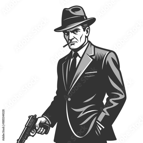 stern-faced man in a suit and fedora, holding a pistol in a classic noir style sketch engraving generative ai fictional character vector illustration. Scratch board imitation. Black and white image.