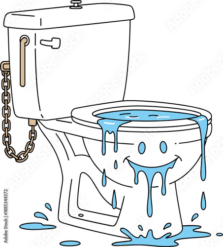 Funny toilet illustration with smiling face, overflowing water splash, plumbing problem concept, cartoon bathroom humor, vector artwork isolated