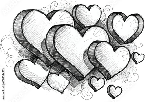 Detailed pencil sketch illustration featuring a dynamic cluster of overlapping three dimensional hearts with intricate shading and decorative scrollwork elements.