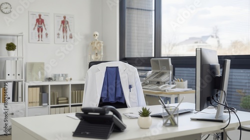 Modern doctors office interior with white lab coat hanging on chair and medical charts on wall