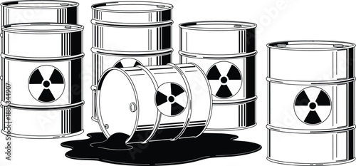 Radioactive waste barrels illustration, leaking nuclear chemical drums with radiation symbols, hazardous pollution danger concept, industrial safety vector artwork