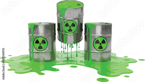 Radioactive waste barrels leaking toxic green liquid, nuclear hazard warning illustration, environmental pollution danger concept, industrial contamination vector