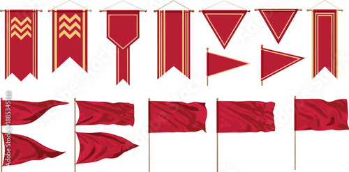 Red medieval banners and flags illustration set, royal hanging pennants and waving standards, heraldic decoration elements, fantasy vector collection