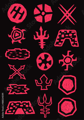Vibrant red abstract tribal symbols with a distressed chalk effect, featuring a collection of unique geometric and organic shapes, perfect for grunge vector design artwork