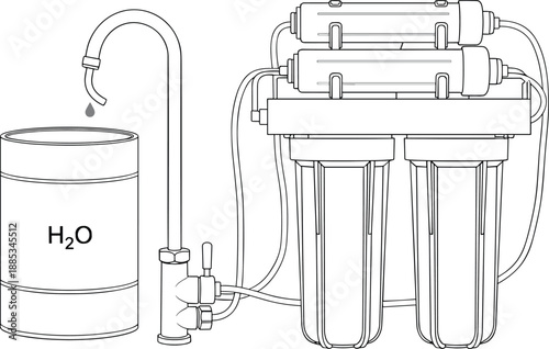 Reverse osmosis water purifier system illustration, drinking water filtration unit with faucet tank pipes, clean line art vector