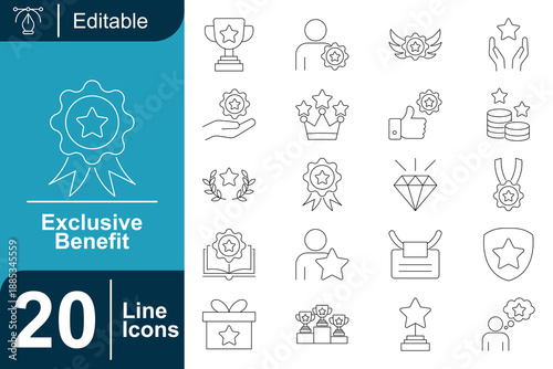 Exclusive Benefit Line Icons Set Representing Rewards, Premium Access, Loyalty Programs, Achievement, Certification, Special Offers, Value Proposition and Customer Incentive Concepts in Outline Style