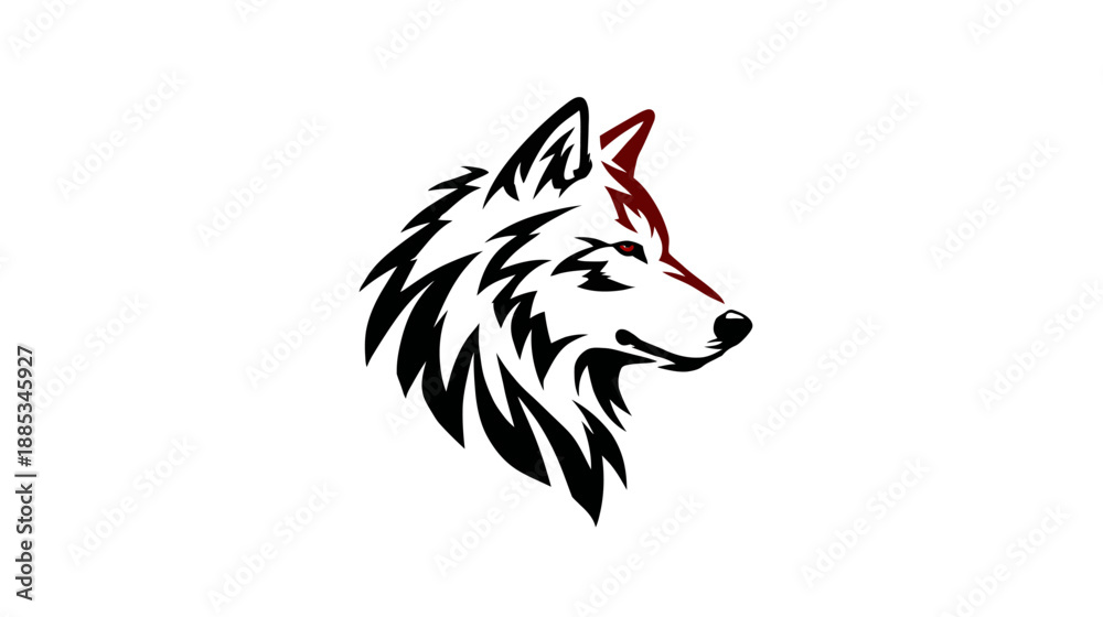 Obraz premium A stylized illustration of a wolf's head, predominantly black and white with red accents