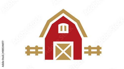 A flat illustration of a red barn with a tan roof, window, door, and fence on a white background