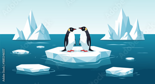 Charming vector illustration of two penguins standing on an ice floe surrounded by icebergs in the Arctic