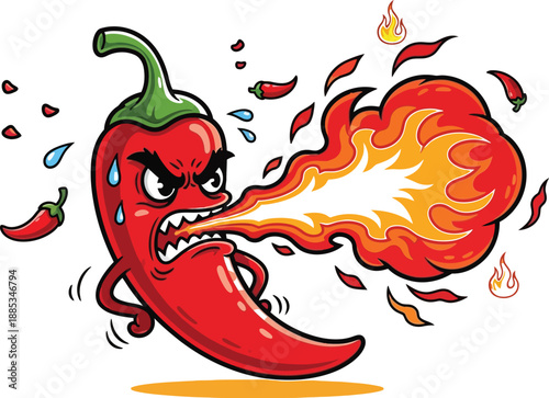 Cartoon angry red chili pepper character breathing intense fire and smoke showing extreme heat level with sweat drops against a yellow background