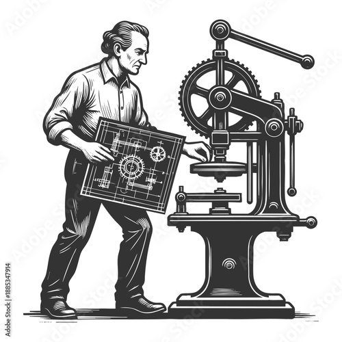 old-fashioned engineer holding technical blueprints beside a vintage mechanical gear press machine sketch engraving generative ai vector illustration. Scratch board. Black and white image.