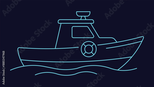 Minimal neon glowing fishing boat symbol on dark background representing marine transport fishing ocean sea travel navigation and modern app interface design