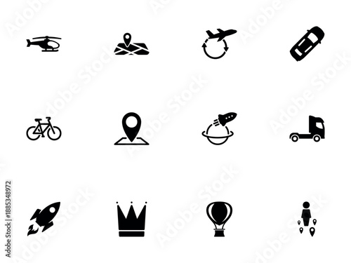 Collection of Solid Black Icons for Transportation and Navigation