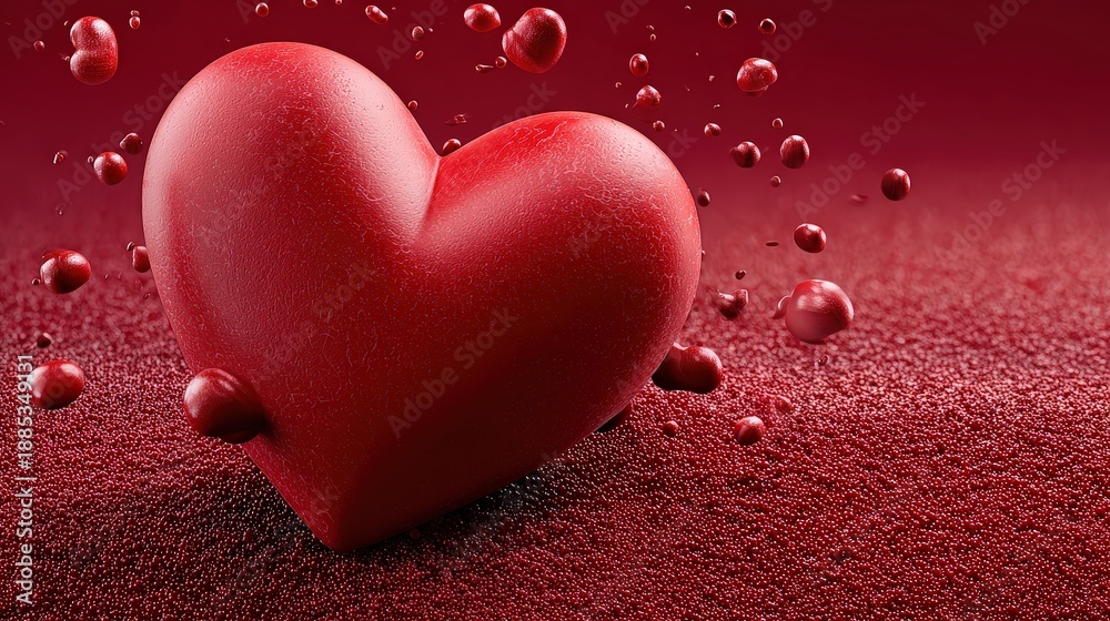 Obraz premium Red Textured Heart with Floating Droplets on Crimson Background