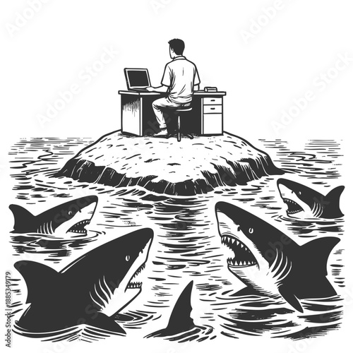 man at a desk on a small island, encircled by threatening sharks in the surrounding water sketch engraving generative ai fictional character vector illustration. Scratch board. Black and white image.