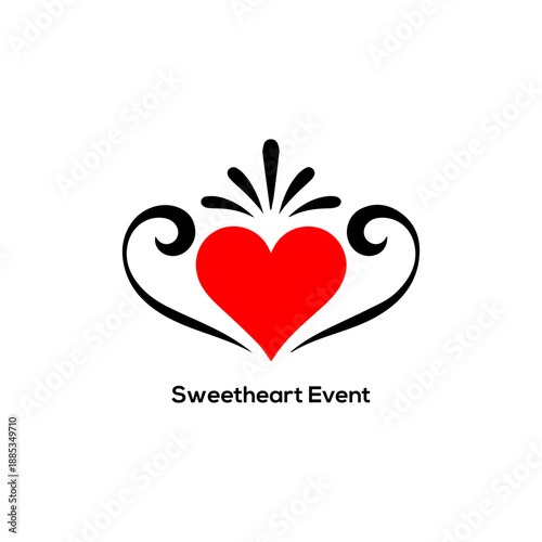 Minimalist red heart logo with elegant black flourishes for a sweetheart event branding romantic wedding party and decorative design.
