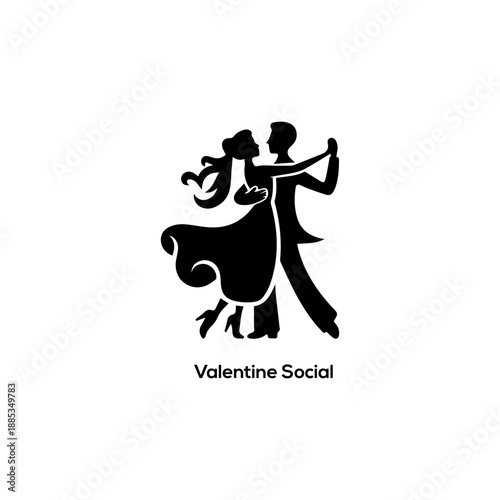 Minimalist black silhouette of a romantic couple dancing for a Valentine Social event poster, dating app, or ballroom logo.
