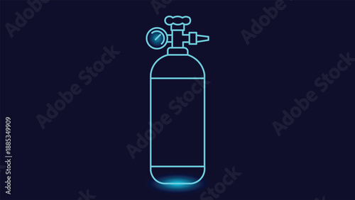 Minimal neon glowing oxygen cylinder symbol on dark background representing medical support emergency care hospital equipment healthcare and modern app interface design
