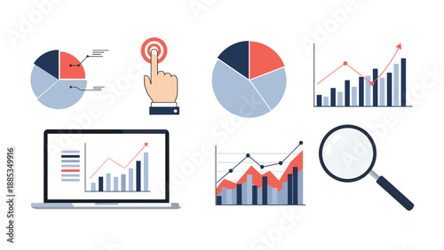 Assorted business and data analytics icons include various charts, a laptop screen, a hand clicking a target, and a magnifying glass tool.