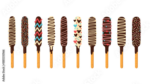 Diverse selection of chocolate dipped biscuit sticks features various toppings like colorful sprinkles, heart shapes, and sweet drizzles.
