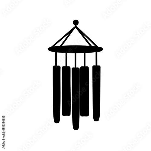 Silhouette of a wind chime with multiple cylindrical pendants dangling below