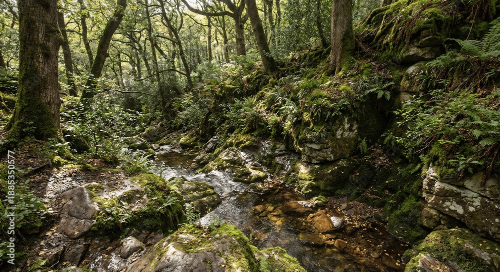 Fototapeta premium Lush Green Forest Landscape with Flowing Stream