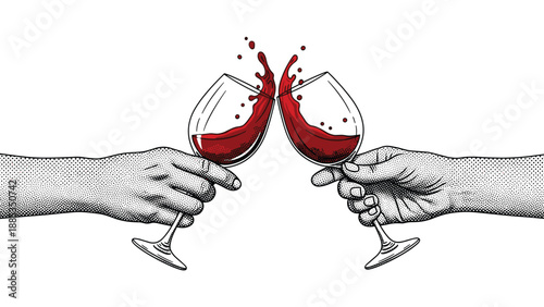Hands clinking glasses of red wine together causing a dramatic splash in a detailed black and white engraving style illustration.