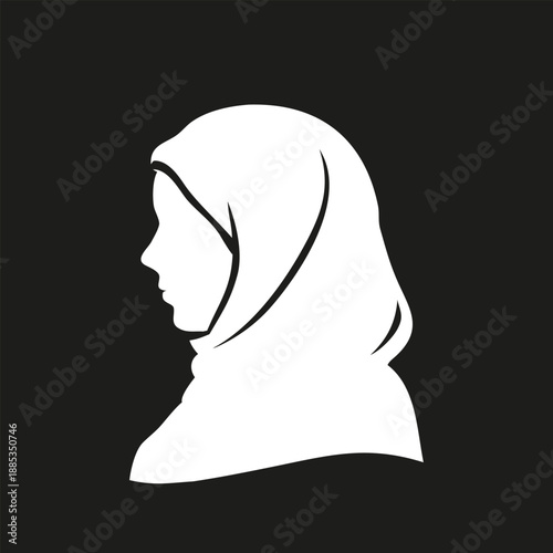 Muslim woman head profile silhouette icon wearing a hijab. Simple white vector illustration of a female face, isolated on black background.Perfect for logos, icons, emblems, modest fashion and beauty