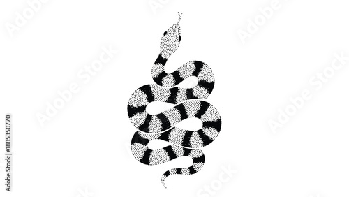 Detailed black and white stipple illustration of a banded sea snake coiled in a graceful S shape on a plain white background.