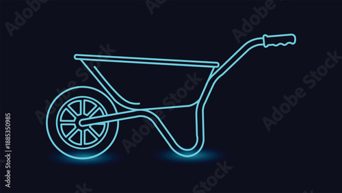 Neon glowing wheelbarrow illustration on dark background representing construction gardening and material transport with modern minimal line style design