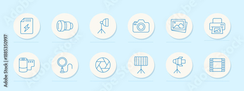 Photography set icon. Memory card, zoom lens, tripod light, DSLR camera, photo stack, print device, film roll, video camera, aperture, spotlight, flash unit, movie frame.