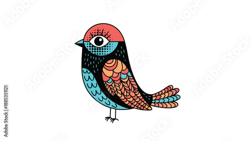 Stylized colorful bird illustration with intricate patterns on feathers and a large eye in a playful and creative folk art style.