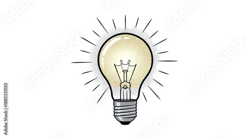 Glowing incandescent light bulb illustration with rays of light in a vintage halftone style symbolizing ideas and innovation.
