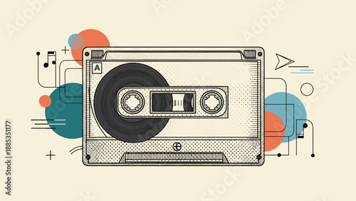 Vintage audio cassette tape illustration surrounded by abstract musical notes and colorful geometric shapes in a retro style.