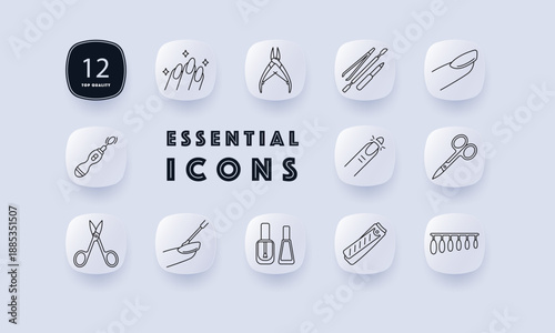 Nail care set icon. Nail polish, scissors, files, cuticle tools, clippers, brushes, hand, finger, buffer, bottle, electric file, decorative shapes drawn with thin outlines.