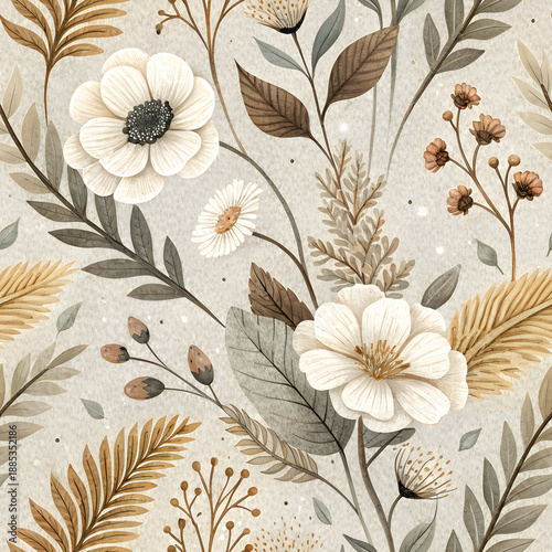 Cozy Boho Felted Floral Seamless Pattern Bundle in Neutral Beige and Brown, Cottagecore Digital Paper for Fabric Design